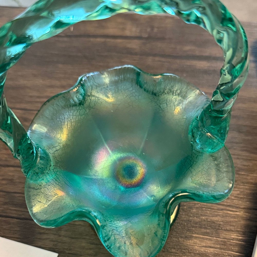 Vintage Fenton Teal Glass basket with Handle - Picture 2 of 2